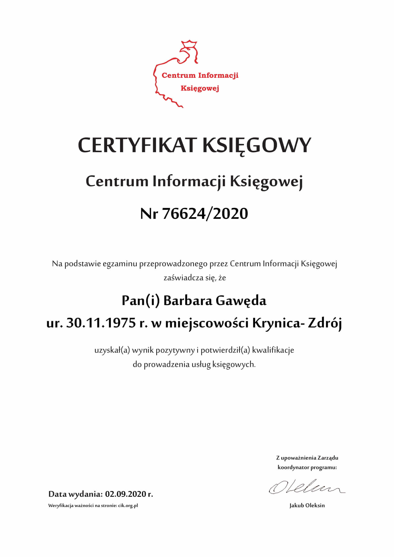 Certyfikat księgowy cik Barbara Gawęda